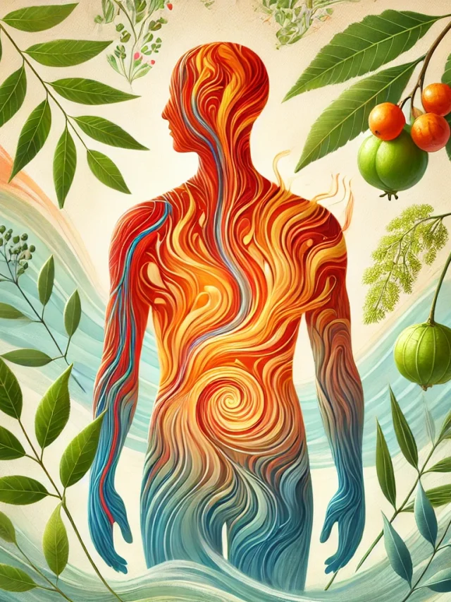 DALL·E 2024-12-09 10.24.17 - A serene, nature-inspired illustration symbolising Pitta-related inflammation in Ayurveda. The image features a stylised human figure with transparent